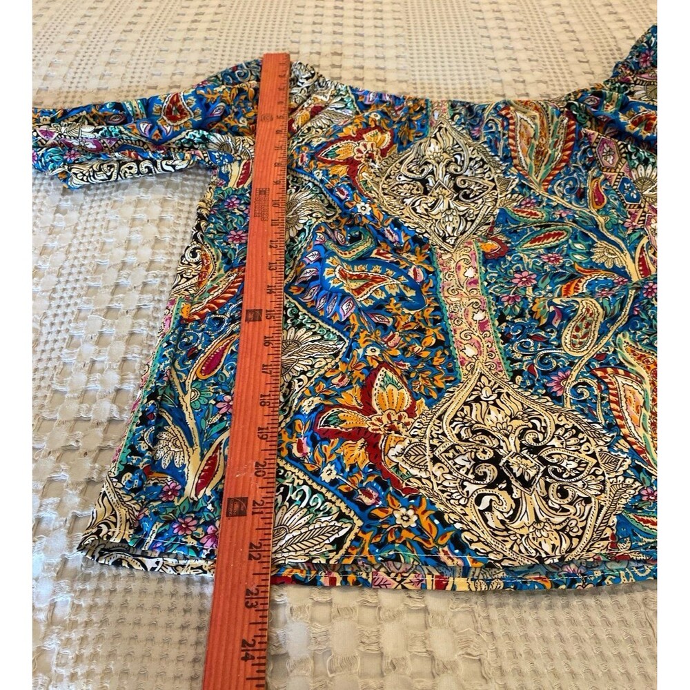 Paisley Blouse Size Large Off or On Shoulder Deep Blue Pink Elastic Neckline Top - Picture 11 of 11